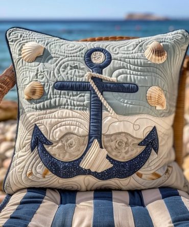 Sea Blue Anchor Quilted Throw Pillow Cover — Ocean-Inspired Home Accent, Soft Quilting, Perfect Coastal Gift