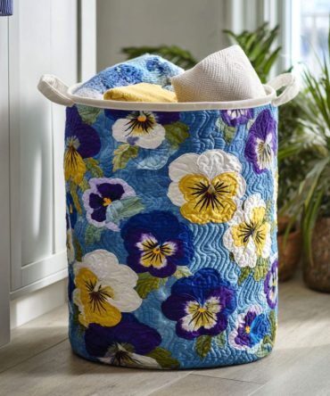 Blue Bloom Day Quilted Laundry Hamper – Stylish Blue Floral Fabric Laundry Basket, Foldable, Durable & Washable