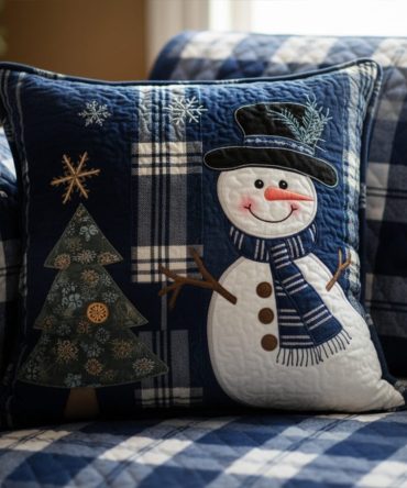 Elegant Blue Quilted Holiday Pillow Cover — Festive Winter Throw Pillowcase, Soft Cotton, Machine Washable