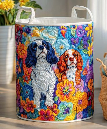 Blue Floral Pup Quilted Hamper – Canine & Blossom Collapsible Laundry Basket With Handles, Decorative Storage For Home Or Pet Supplies
