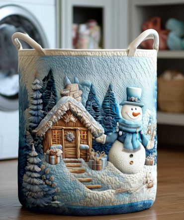 Blue Frosted Cabin Quilted Laundry Hamper - Rustic Winter Washable Fabric Basket For Clothes, Linens & Cozy Decor