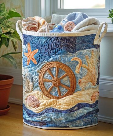Blue Horizon Quilted Laundry Hamper — Serene Blue Quilted Fabric Basket With Handles, Foldable Storage For Modern & Coastal Interiors