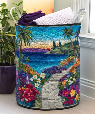 Blue Horizon Quilted Laundry Hamper — Coastal-Inspired Foldable Fabric Basket With Handles, Durable & Machine Washable