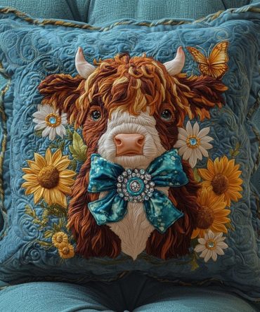 Blue Jewel Cow Quilted Throw Pillow Cover — Whimsical Farmhouse Accent For Sofa & Bed , Patchwork Charm, Soft Quilting, Washable
