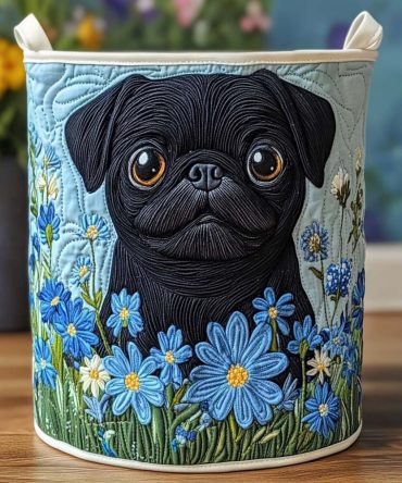 Blue Meadow Pug Quilted Laundry Hamper — Cute Pug Print Foldable Storage Basket With Reinforced Handles & Removable Washable Liner