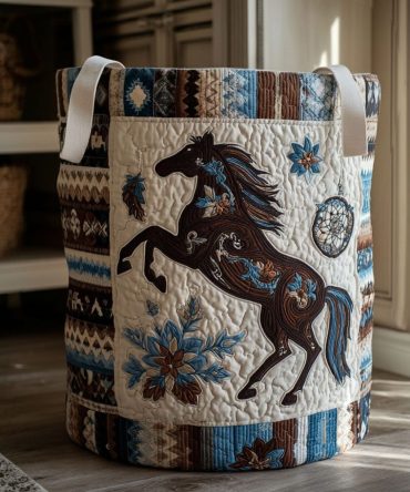 Blue Mesa Mustang Quilted Fabric Laundry Hamper , Large Collapsible Laundry Basket With Western Print, Reinforced Handles & Easy Storage