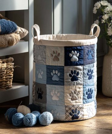 Blue Paw Patch Quilted Hamper - Modern Blue Paw-Print Laundry Basket, Foldable Lightweight Organizer With Handles For Pet Owners
