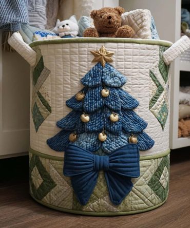 Coastal Quilted Laundry Hamper – Blue Pine Motif, Foldable Durable Laundry Storage With Handles For Bathroom, Bedroom & Beach Houses
