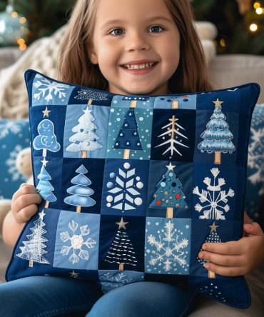 Blue Pines Quilted Pillow Cover — Tranquil Pine Forest Throw Pillow Case, Rustic Cabin & Holiday Decorative Cushion In Cool Blues
