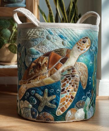 Blue Reef Wanderer Quilted Laundry Hamper — Foldable Ocean Motif Fabric Basket, Spacious Durable Organizer For Beachy & Modern Homes