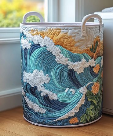 Blue Tide Quilted Laundry Hamper — Coastal Collapsible Fabric Basket With Handles , Large Washable Laundry & Storage Organizer
