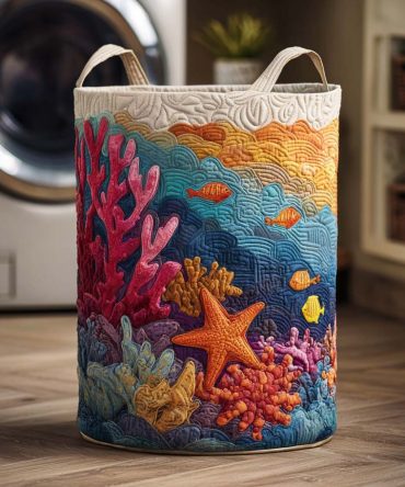 Blue Tide Quilted Laundry Hamper — Ocean-Inspired Foldable Storage Basket, Large Cotton Organizer With Strong Handles & Washable Liner