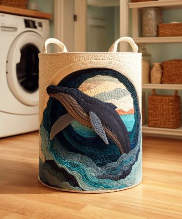 Blue Whale Song Quilted Laundry Hamper – Whale Motif Collapsible Fabric Basket With Handles For Stylish Laundry & Coastal Home Organization