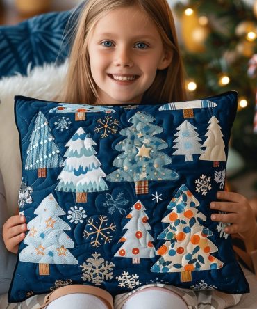 Blue Winter Magic Quilted Pillow Cover — Icy Blue Holiday Decorative Throw Pillow Case With Snowy Motif, Soft Quilted Fabric, Machine-Washable