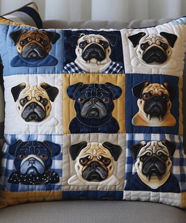 Blue & Gold Pugs Quilted Pillow Cover — Elegant Decorative Throw Pillow Case With Luxe Color Palette For Upscale Living Room & Bedroom