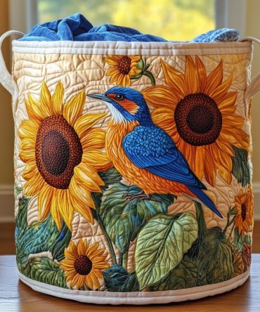 Bluebird Sunburst Quilted Laundry Hamper — Bright Patterned Fabric Basket With Handles, Collapsible Home Storage For Laundry & Linens