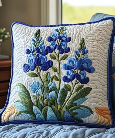 Bluebonnet Serenade Quilted Throw Pillow Cover – Botanical Texas Wildflower Cushion, Soft Quilted Cotton Blend, Machine-Washable Accent