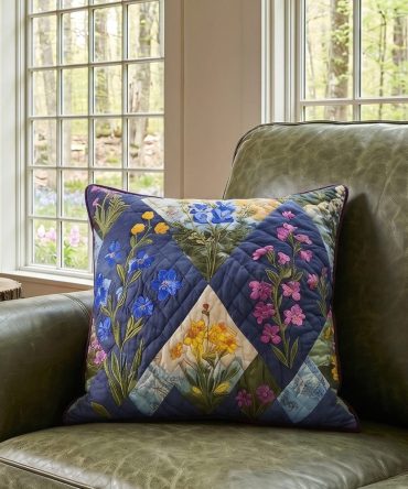 Bluebonnet Floral Quilted Pillow Cover — Texas Bluebonnet Decorative Throw For Farmhouse, Porch, Country Bedrooms, Durable & Washable