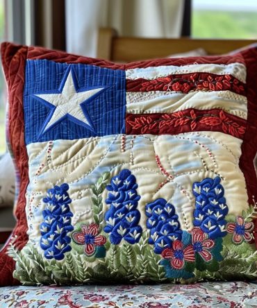 Bluebonnet Glory Quilted Throw Pillow Cover – Texas-Inspired Decorative Pillowcase, Soft Quilted Texture For Sofa & Bed, Easy Care