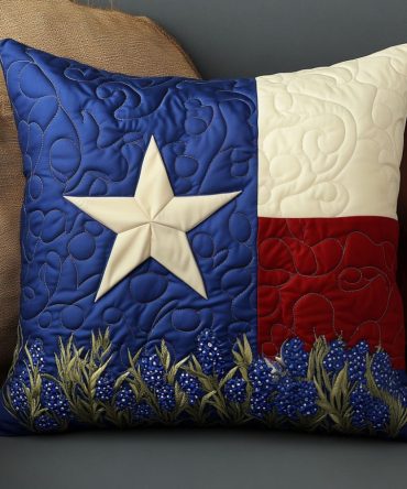 Bluebonnet Quilted Pillow Cover — Texas Bluebonnet Floral Throw Pillowcase For Southwestern, Farmhouse & Rustic Decor