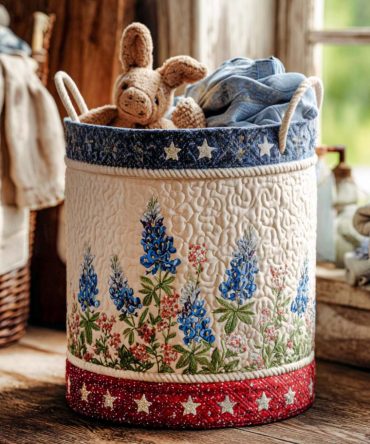 Bluebonnet Season Joy Quilted Laundry Hamper — Spring Floral Fabric Storage Basket, Collapsible Durable Organizer With Handles For Home & Nursery