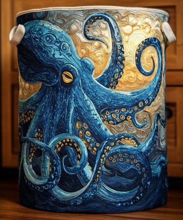 Bluewave Octopus Quilted Laundry Hamper — Coastal Blue Fabric Storage Basket With Handles, Foldable & Decorative For Home Or Nursery