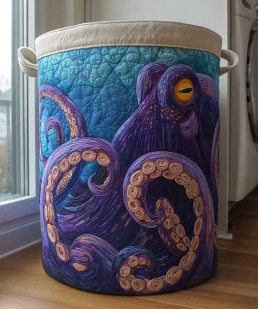 Bluewave Octopus Quilted Laundry Hamper - Foldable Sea Fabric Basket With Easy-Carry Handles, Washable Liner For Coastal Rooms