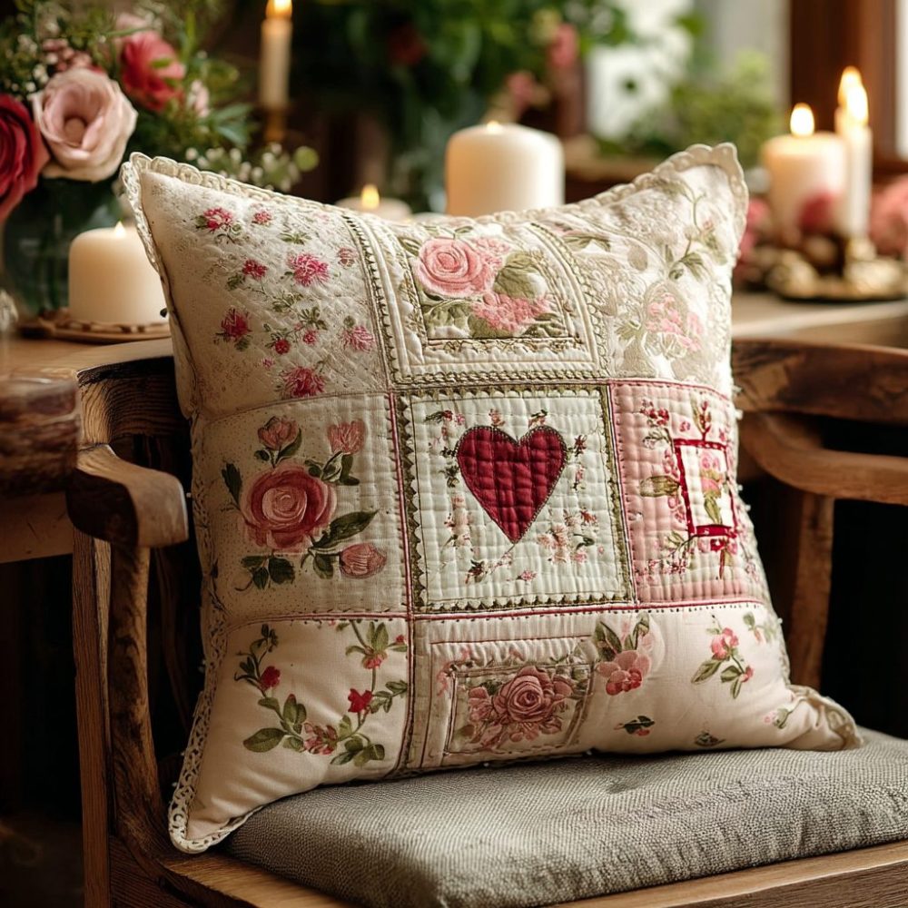 Blush Rose Cottage Quilted Pillow Cover — Romantic Floral Throw Pillowcase For Shabby Chic, Soft Quilted Texture, Feminine Accent