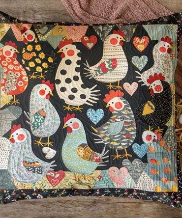 Blushing Hens Quilted Pillow Cover — Pastel Farmhouse Throw For Kitchen & Dining, Soft Country Chicken Accent Pillowcase