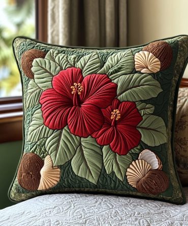 Blushing Hibiscus Quilted Accent Pillow Cover - Soft Pink Floral Throw Pillowcase, Premium Cotton-Blend, Reversible & Machine Washable