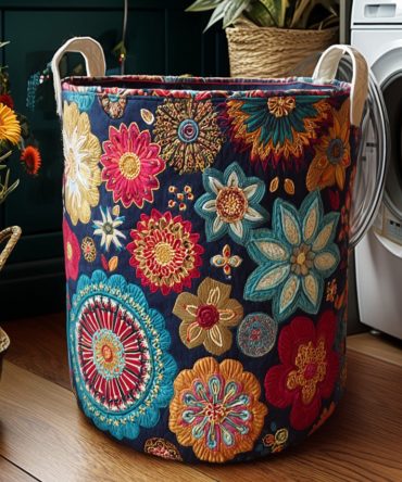 Boho Garden Cham Quilted Laundry Hamper — Bohemian Garden Quilted Laundry Basket, Foldable & Lightweight With Decorative Patchwork Design