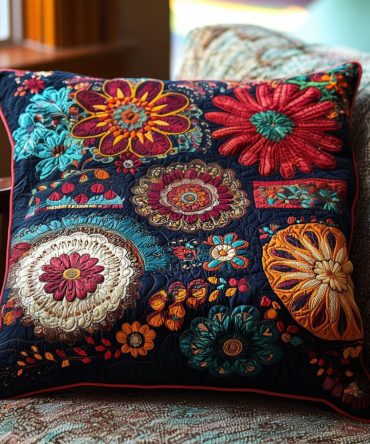 Boho Garden Quilted Pillow Cover — Colorful Handcrafted-Look Accent For Bohemian Living Rooms, Soft Texture, Easy-Care Design
