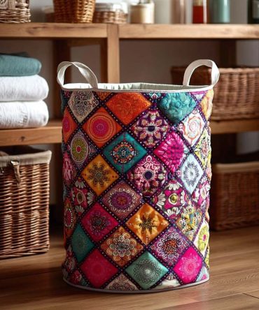 Boho Patchwork Vibes Quilted Laundry Hamper — Trendy Bohemian Fabric Laundry Basket, Stylish Home Storage With Patchwork Design