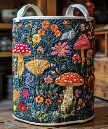 Boho Rainbow Fungi Quilted Laundry Hamper - Colorful Bohemian Mushroom Print Foldable Fabric Storage Basket With Carry Handles
