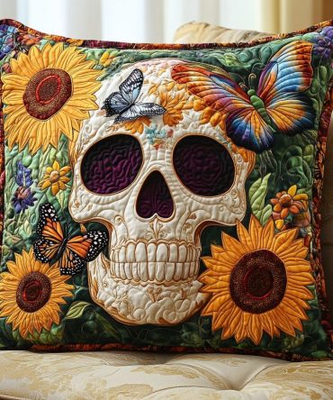 Boho Skull Quilted Pillow Cover — Artistic Skull Throw Pillowcase With Earthy Tones For Eclectic, Southwestern & Indie Interiors
