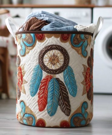 Boho Spirit Dreamcatcher Quilted Laundry Basket , Large Foldable Hamper With Padded Quilting & Carry Handles For Bohemian Home Storage & Gifts