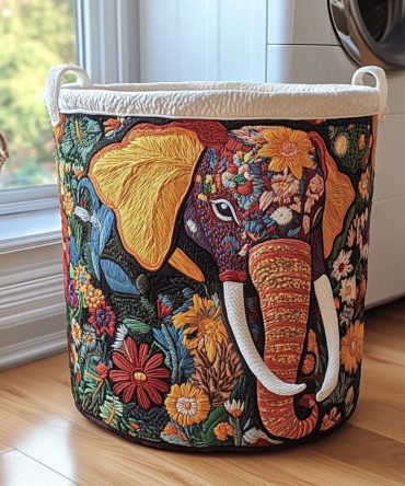 Statement Elephant Quilted Laundry Hamper - Bold Animal Print Fabric Basket, Large Capacity, Foldable Fabric Hamper With Sturdy Handles & Easy-Care