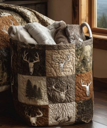 Bone Trail Quilted Laundry Hamper — Rustic Hunting Motif Foldable Fabric Basket With Strong Handles For Durable Laundry Storage
