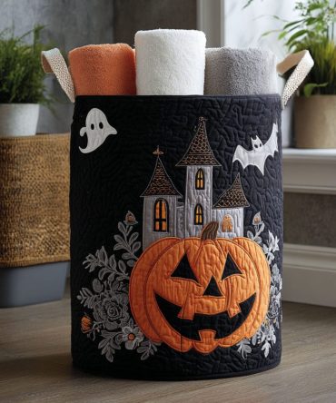 Boo-Tiful Gourd Quilted Laundry Hamper – Charming Pumpkin Gourd Laundry Basket, Spacious Fall Storage With Handles & Foldable Design