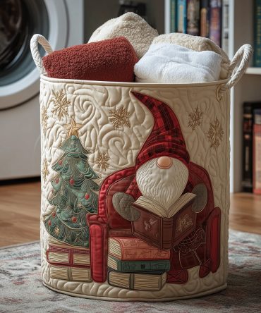 Book Gnome Quilted Laundry Basket – Playful Gnome Reading Print Fabric Hamper, Foldable Laundry Storage For Bedroom, Nursery & Gift Giving