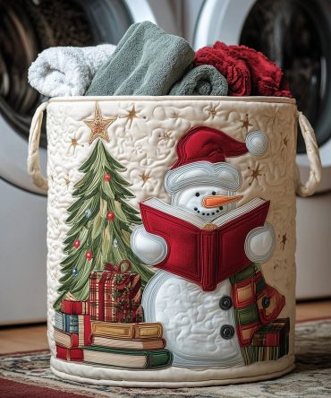 Book Snowman Quilted Holiday Laundry Hamper - Large Foldable Decorative Basket With Reinforced Carry Handles