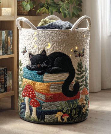 Charming Cat & Books Quilted Laundry Hamper — Booklover Cat Print, Lightweight Collapsible Fabric Storage For Home & Nursery