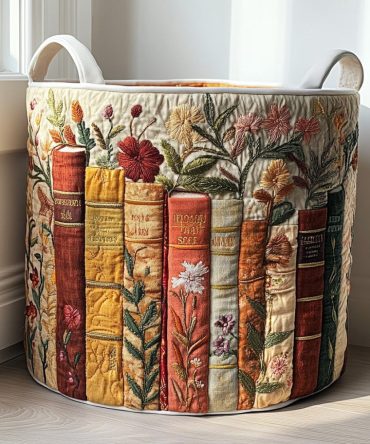 Bookish Garden Quilted Laundry Hamper – Literary Floral Design, Quilted Fabric Laundry Basket, Foldable Storage For Cozy Spaces