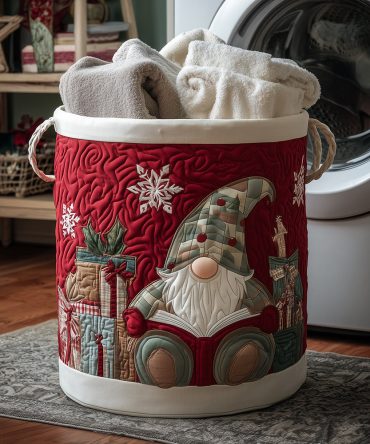 Bookish Gnome Quilted Laundry Basket – Cute Gnome & Books Print Fabric Hamper, Foldable Lightweight Laundry Storage For Bedroom & Kids