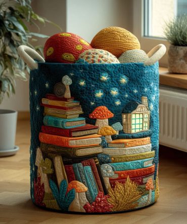 Bookish Mystical Haven Quilted Cotton Laundry Hamper – Enchanted Collapsible Fabric Basket With Handles, Unique Storage For Home & Gifts