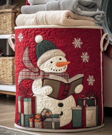 Bookish Snowman Quilted Laundry Hamper - Decorative Foldable Christmas Basket With Reinforced Handles For Easy Carry