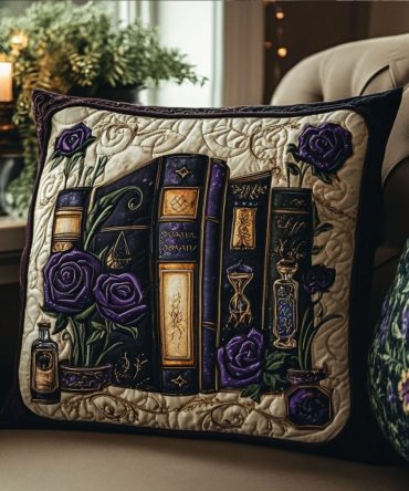 Books In Bloom Quilted Pillow Cover - Literary Floral Decorative Throw Pillowcase For Cozy Reading Nooks & Studies