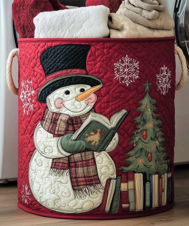 Cozy Bookworm Snowman Quilted Holiday Laundry Basket - Large Foldable Decorative Hamper With Reinforced Handles