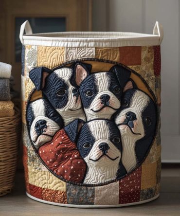Boston Pals Quilted Laundry Hamper — Charming City Dog Print Foldable Storage Basket, Washable Lightweight Laundry Hamper For Home & Travel