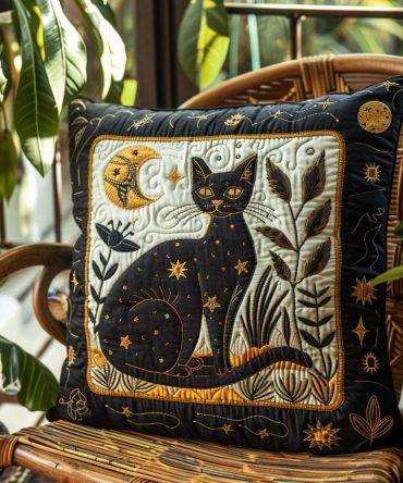Botanical Black Cat Quilted Pillow Cover — Chic Floral & Feline Decorative Throw Pillowcase For Modern Homes